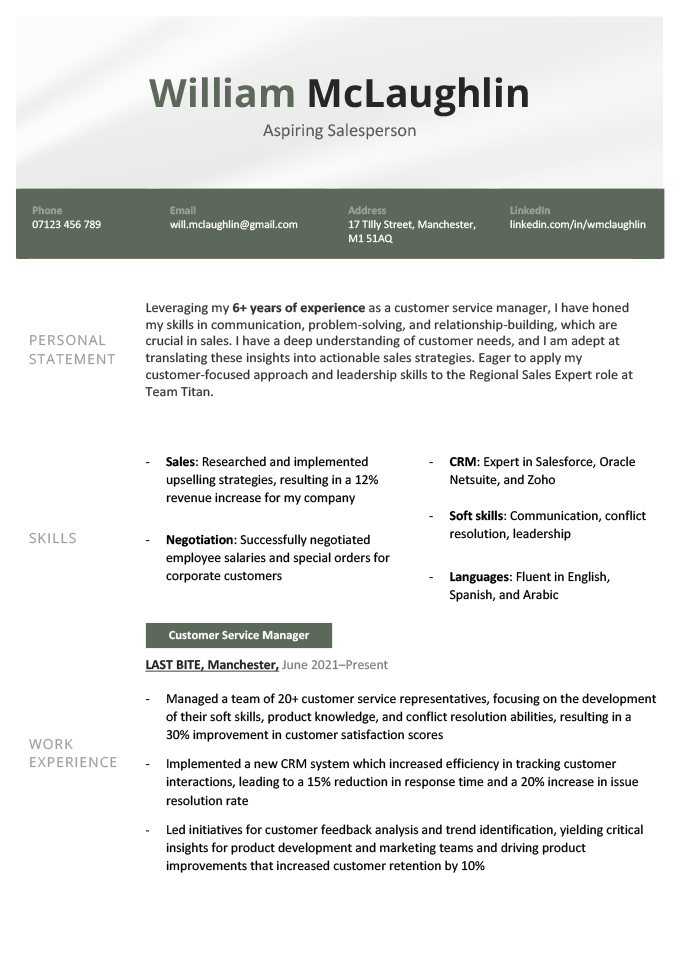 A career change CV example with a green and grey header, section headings in a left-aligned column, and a personal statement, two-column education section, and work experience section.