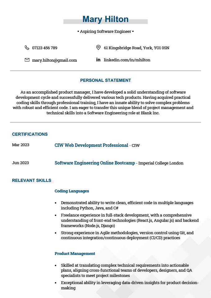 A career change CV example with blue title text, a centered personal statement, and left-aligned headers for the certification and skills sections below the introduction. There's a group of greyscale squares shooting diagonally out of the bottom-right corner