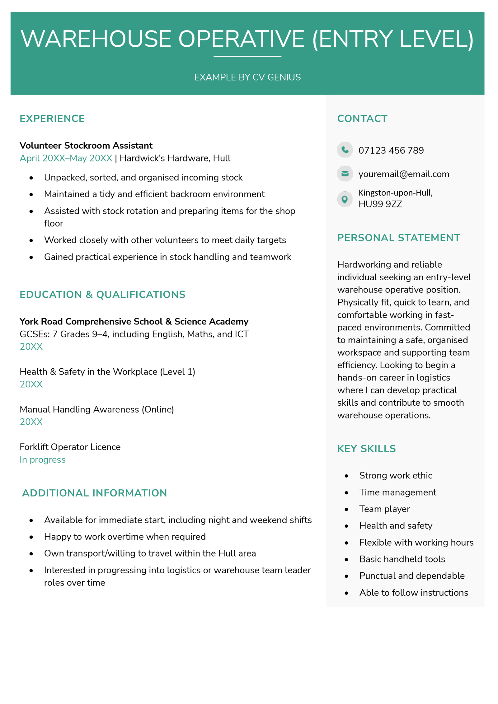 An example CV for a warehouse operative with no experience.