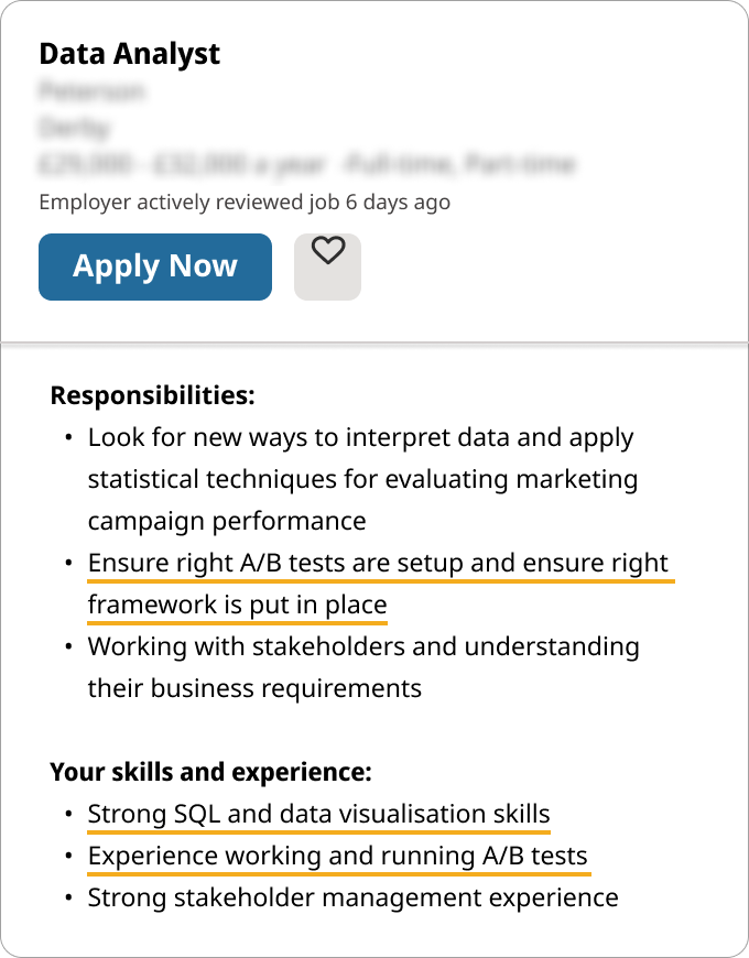 An example job advert with a blue 'Apply Now' button and yellow highlights underlining the skills a successful applicant would include in their data analyst cover letter. 