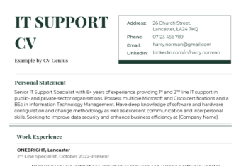 An example IT support CV that uses a green theme.
