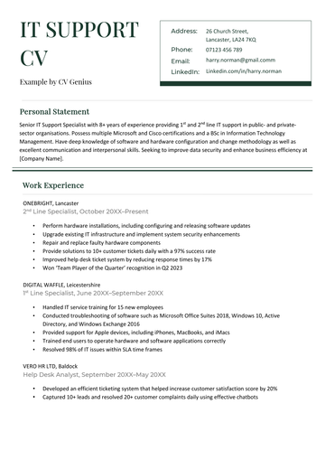 The first page of an example IT support CV that uses a green theme.