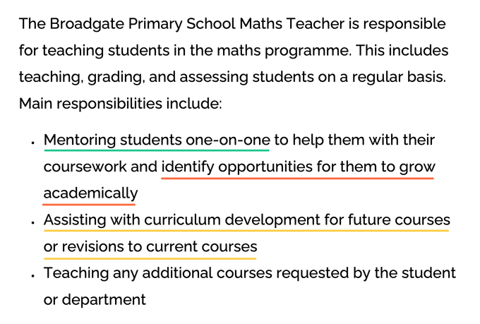 An example job description for a maths teacher with information interviewees should use in their answers to the question 'Why do you want to work for us?' underlined in green, yellow, and orange