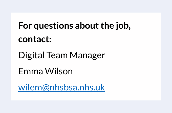 An example of employer contact information as it would be displayed on an NHS job advert.