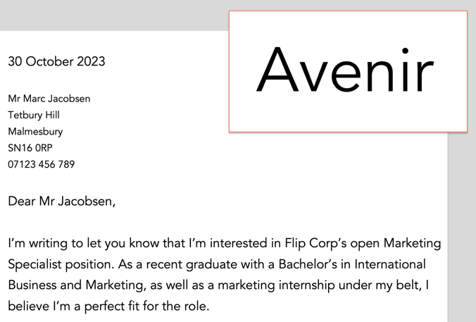 An example of Avenir used as a cover letter font