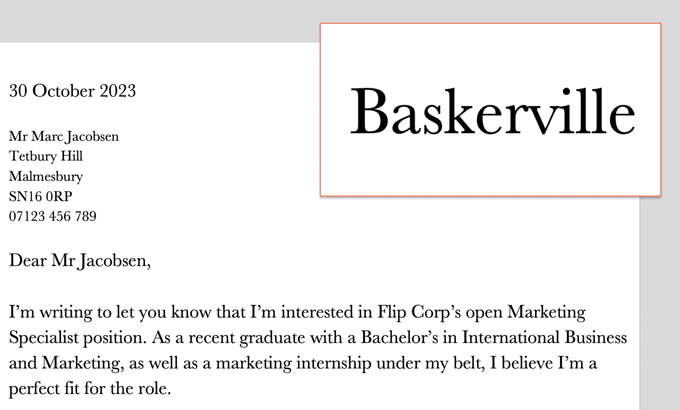An example of Baskerville used as a cover letter font