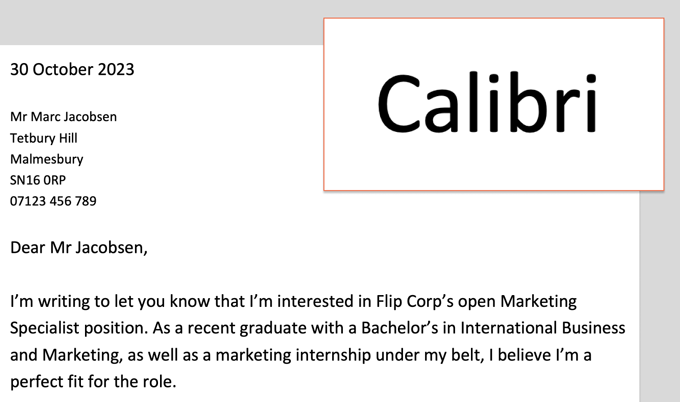 An example of Calibri used as a cover letter font