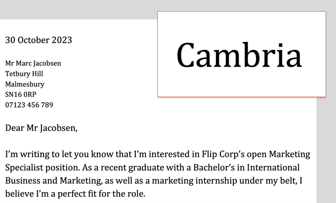 An example of Cambria used as a cover letter font