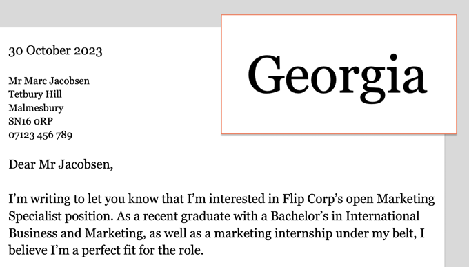 An example of Georgia used as a cover letter font