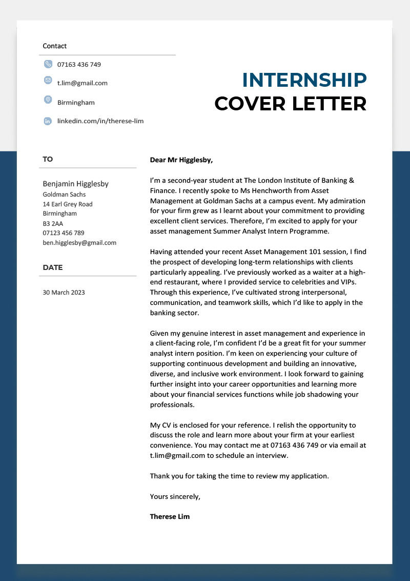 An example of how to write a cover letter for an internship using a template with a gray header