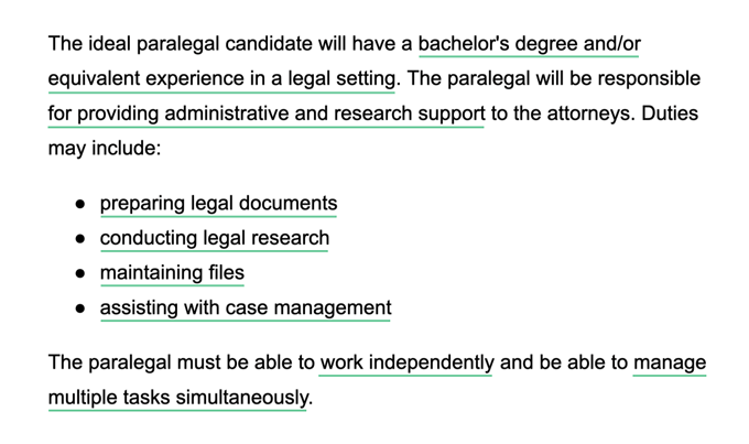 A screenshot of a job advert with keywords to include in a cover letter opening highlighted by green underlines