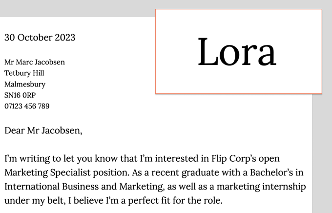 An example of Lora used as a cover letter font