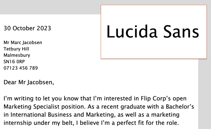 An example of Lucida Sans used as a cover letter font