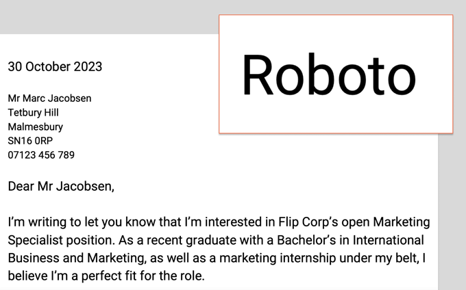 An example of Roboto used as a cover letter font