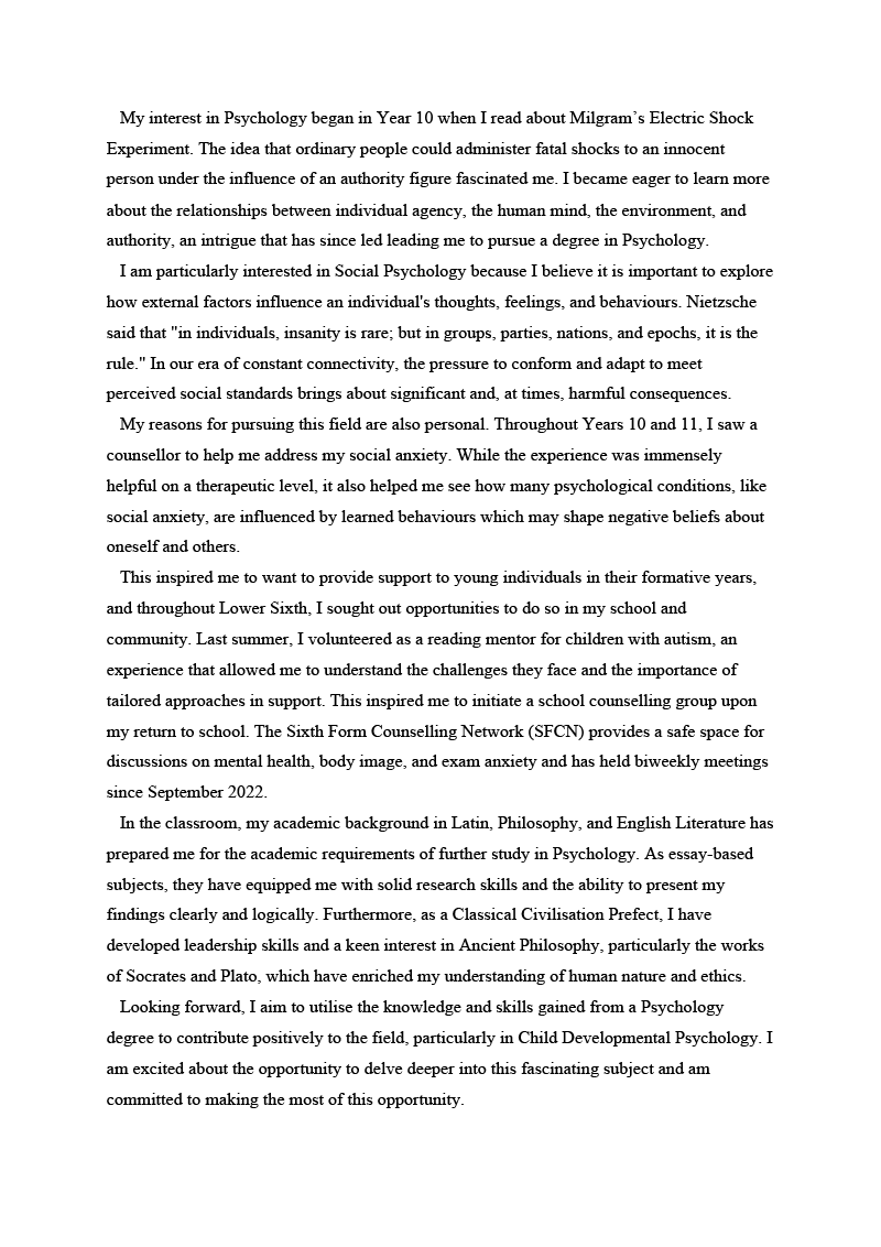 An example Psychology personal statement for university which outlines the applicant's interest in the subject area as well as their relevant experience.