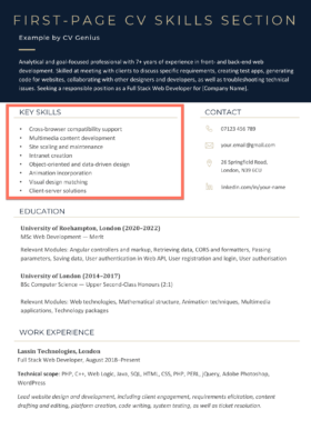 A CV skills section highlighted by an orange box near the top of the first page of a CV.