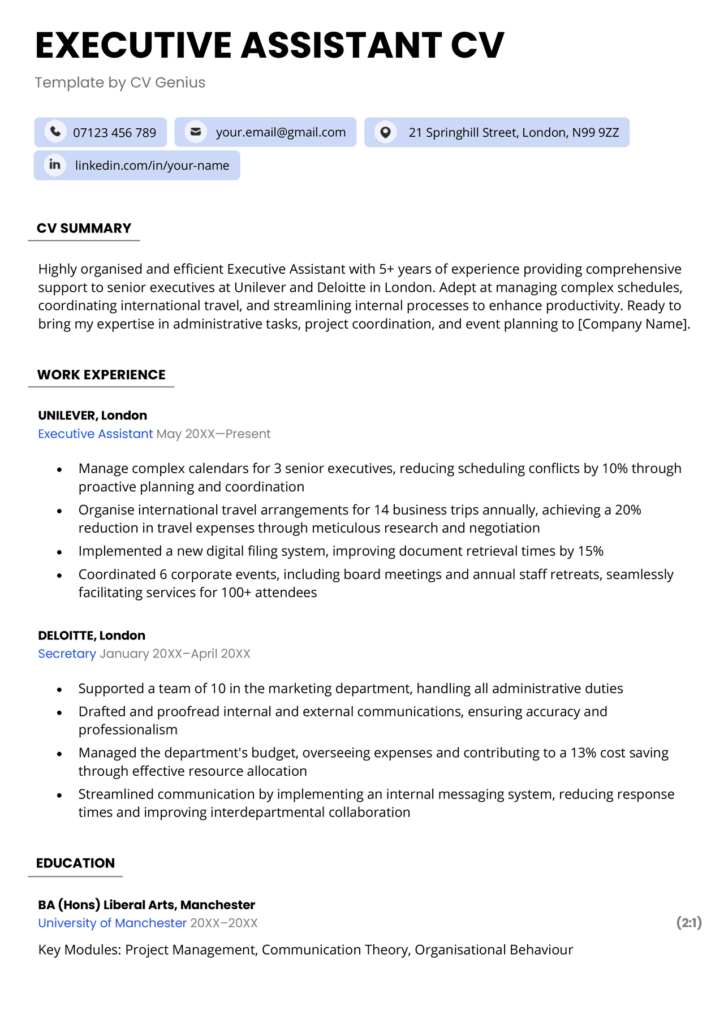 Cv1 Example Executive Assistant CV Example & Writing Tips for 2026