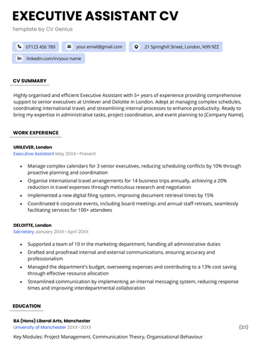An executive assistant CV example template with blue bubbles highlighting the applicant's contact details.
