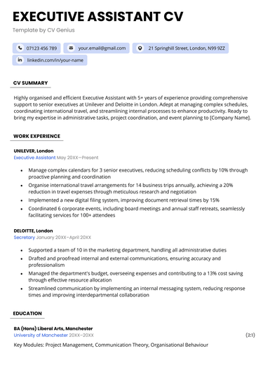 An executive assistant CV example template with blue bubbles highlighting the applicant's contact details.