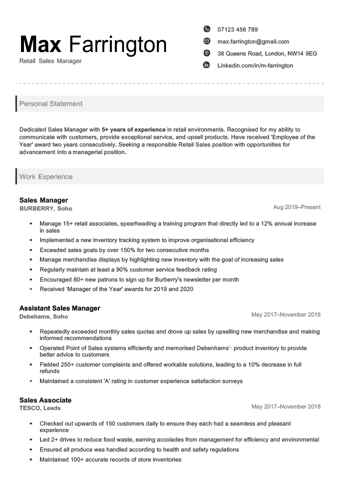 If you're applying for an upper-management position, use a CV design that lets the reader focus on your experience and accomplishments. An executive CV design example with bold header text to make the applicant's name stand out