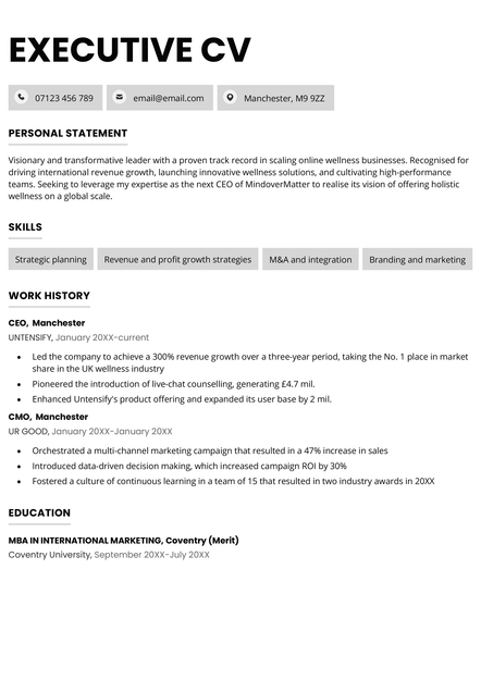An executive CV example in black (Bristol)