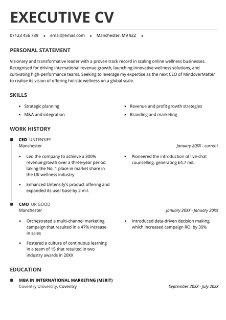 An executive CV example in black (York).