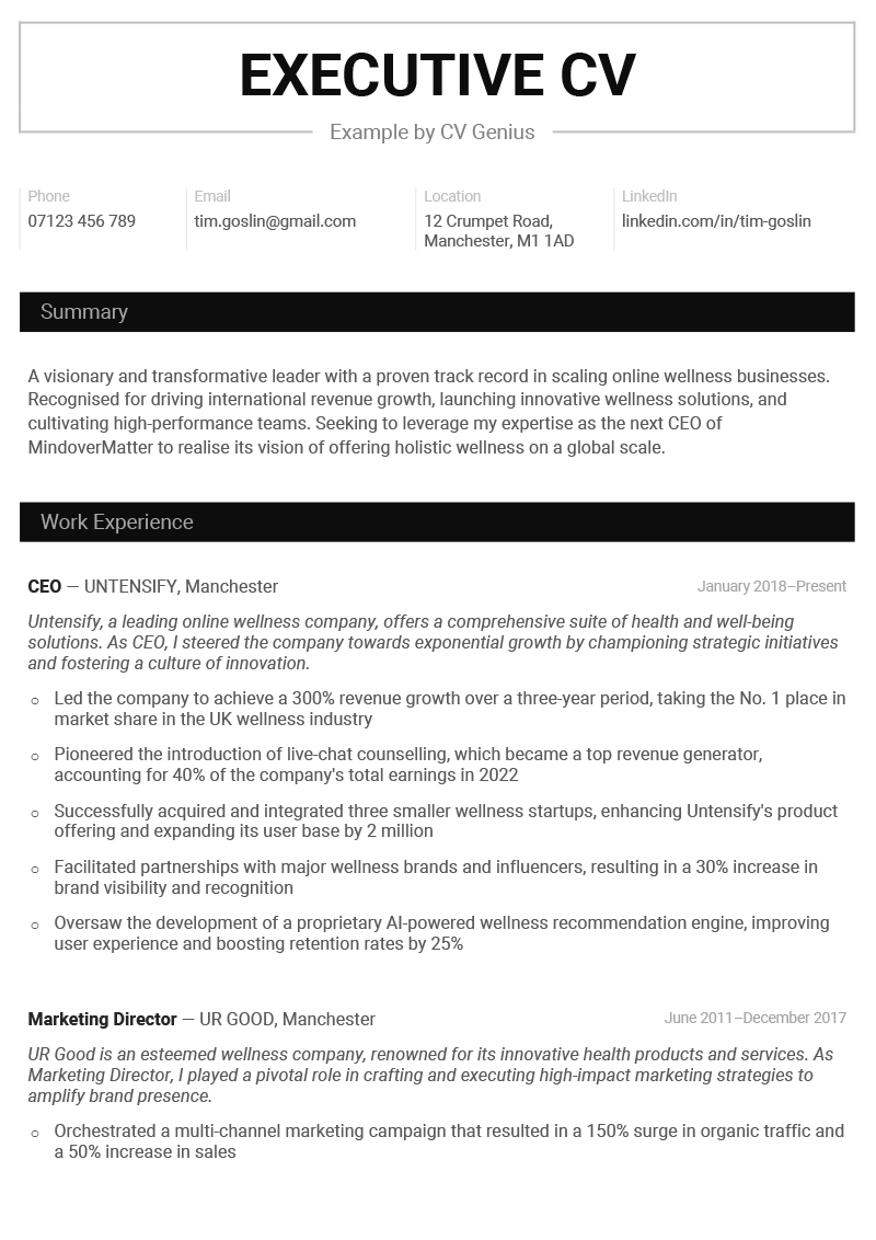 An executive CV example in a simple black & white template.
