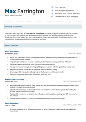 The Executive CV template for a candidate named Max Farrington. The CV template is the blue colour variation and features a four-line personal statement, followed by three work experience entries.