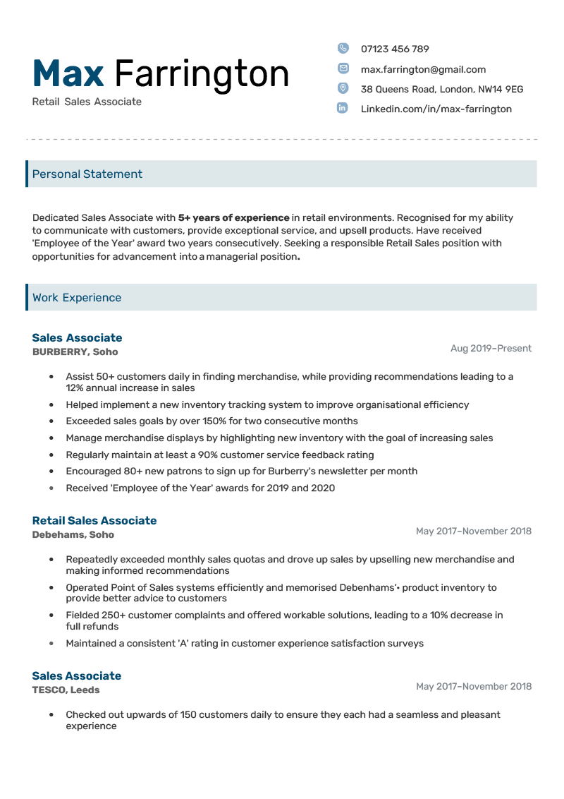 The simple Executive CV template in blue, which uses two shades of colour accents in the icons and content headings to add some interest to an otherwise basic CV.