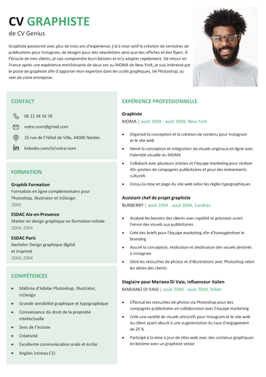 Exemple d'un CV pour un graphiste à deux colonnes avec des rubriques claires et aérées