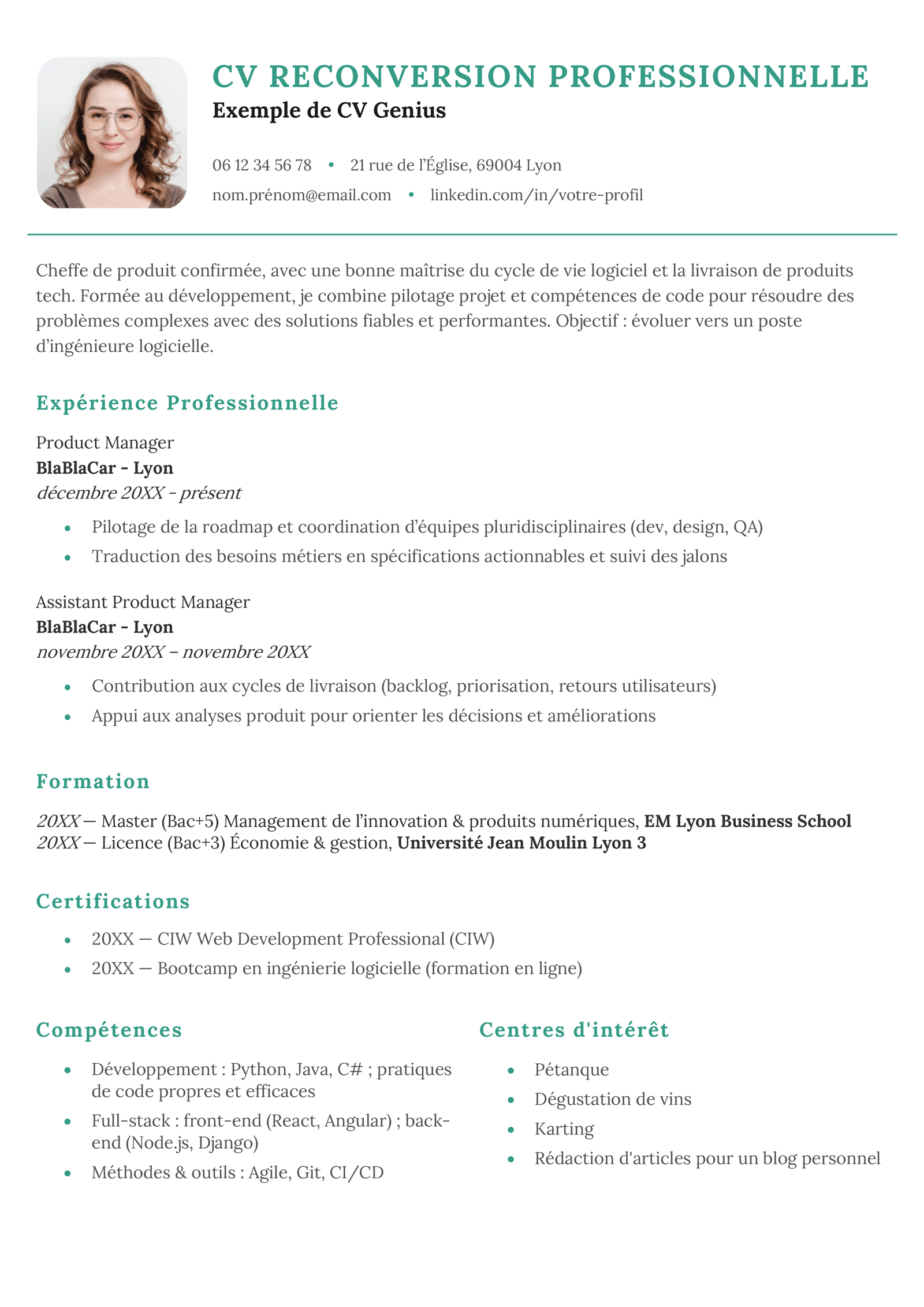 Un exemple de CV reconversion professionnelle en vente.