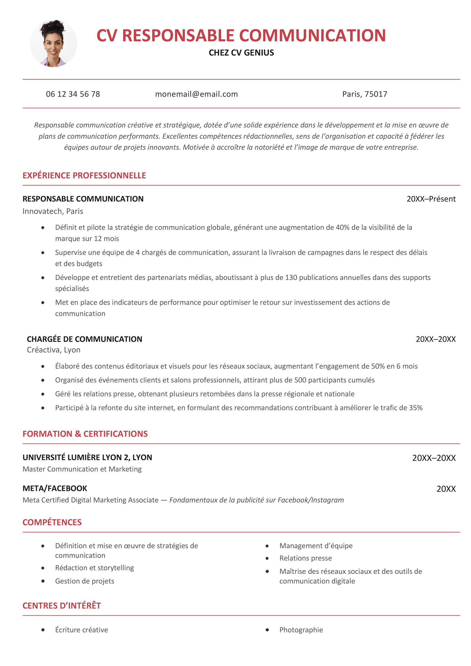 Exemple d'un CV de responsable communication.