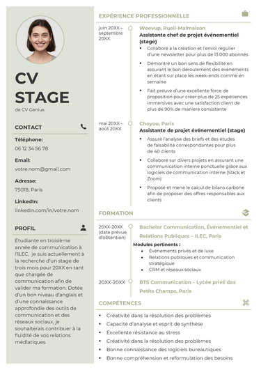 Exemple d'un CV stage à deux colonnes de couleur kaki avec une photo professionnelle