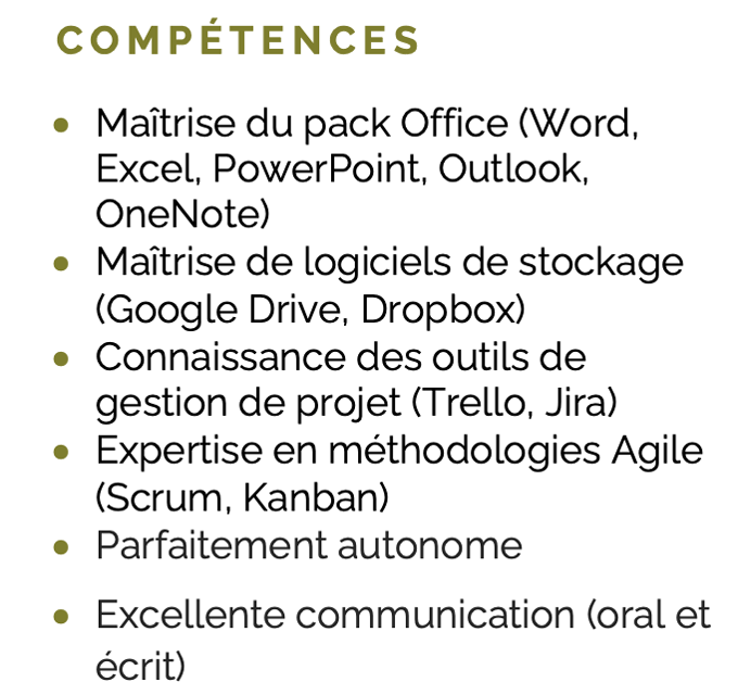 exemple de compétences informatiques dans la rubrique Compétences sur un CV administratif avec le titre de la rubrique en vert