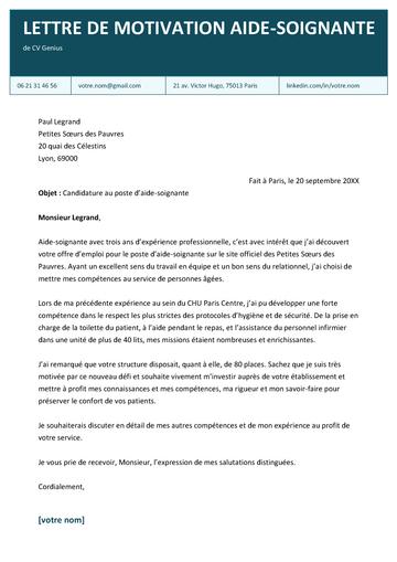 Exemple lettre de motivation pour un(e) aide-soignante
