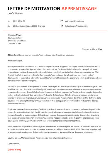 exemple d'une lettre de motivation pour apprentissage avec un en-tête de couleur terracotta