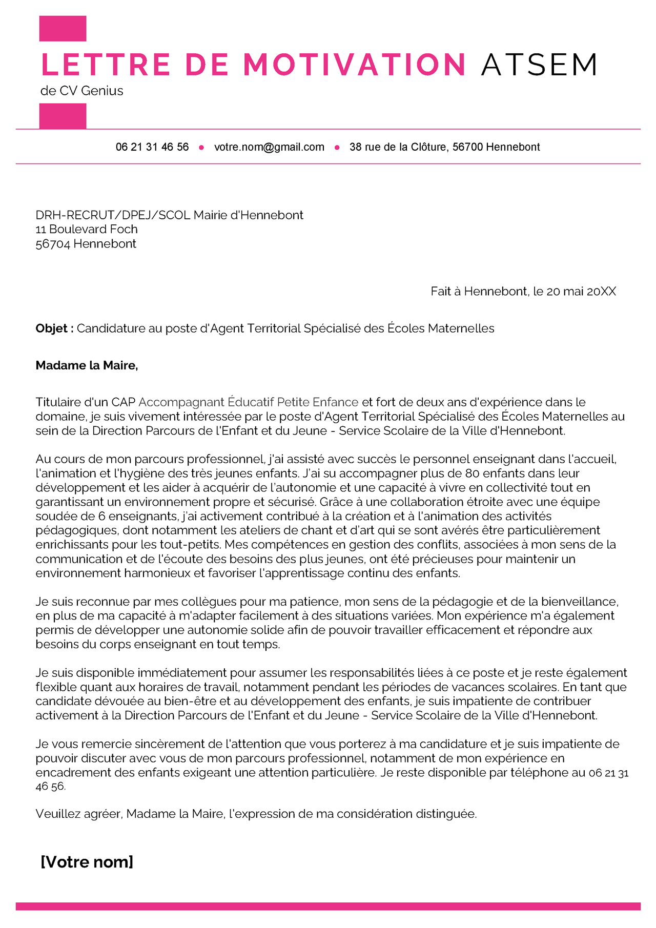 Lettre De Motivation ATSEM Exemple