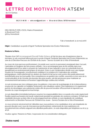 exemple d'une lettre de motivation ATSEM avec un en-tête rose