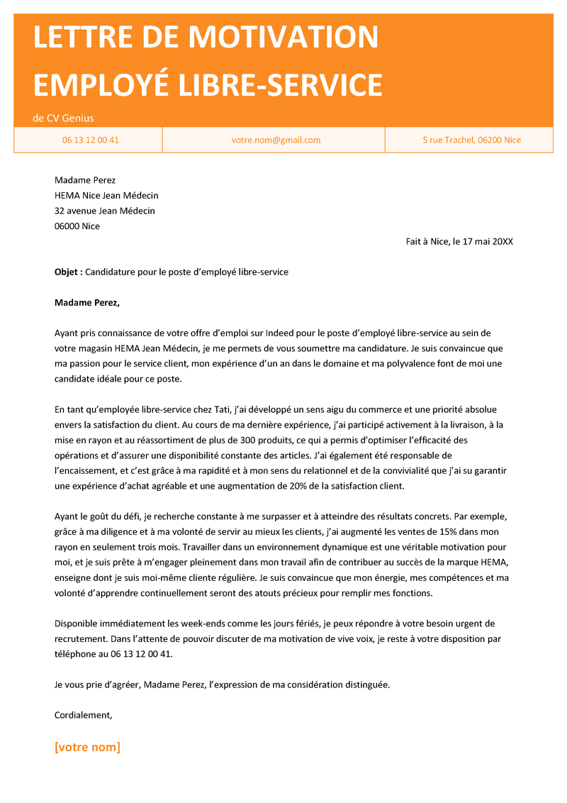 exemple d'une lettre de motivation pour un employé libre-service avec un en-tête orange