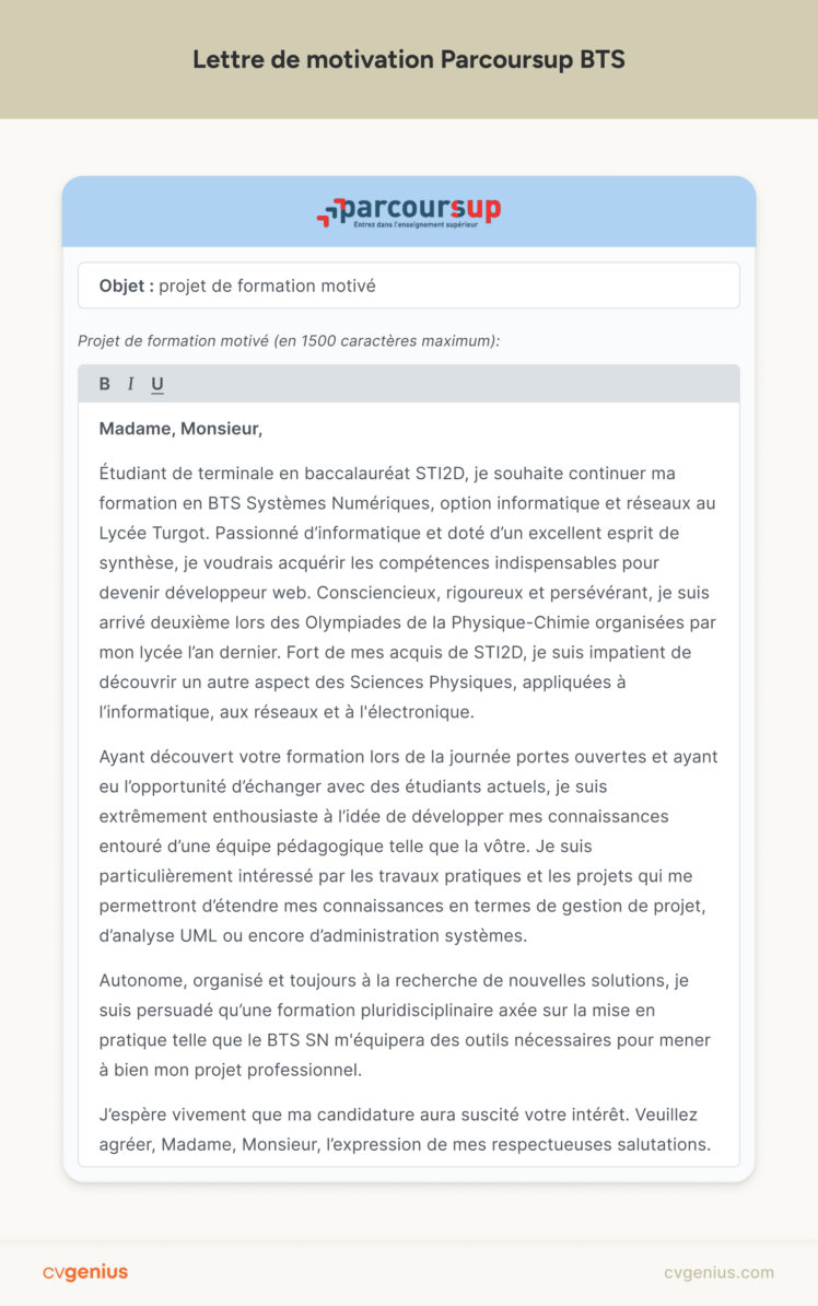 Exemple de lettre de motivation BTS et conseils de rédaction — free download