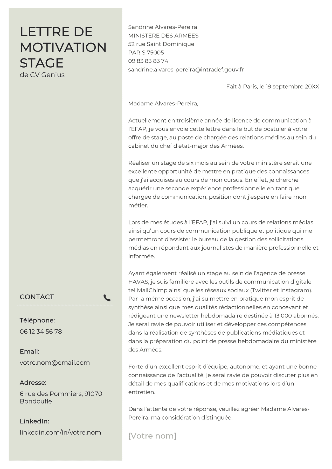 Exemple de lettre de motivation pour un stage