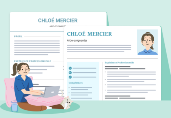 une femme est assise à son ordinateur avec son chat avec en arrière-plan deux versions de son CV dont l'un avec sa photo