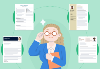 une illustration d'une femme professionnelle blonde avec des lunettes entourée d'exemples de lettres de motivation