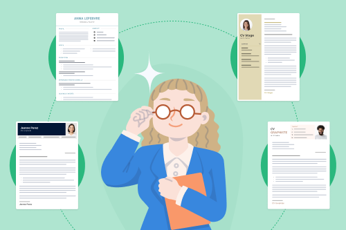 une illustration d'une femme professionnelle blonde avec des lunettes entourée d'exemples de lettres de motivation