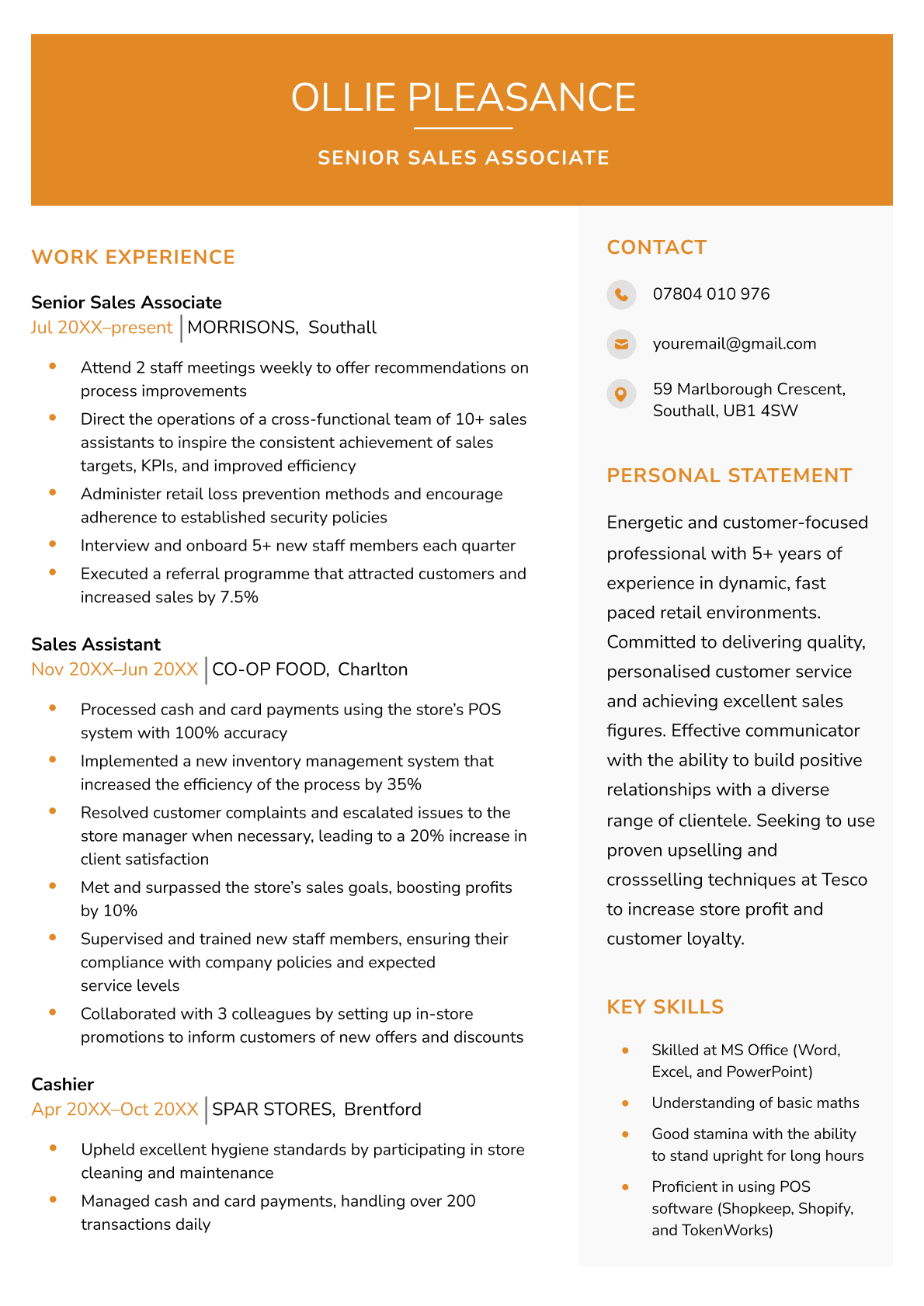 Page one of the orange Exeter CV template highlights the candidate's CV introduction, work history, and skills, while its header provides the applicant's name and job title in a bold fashion.