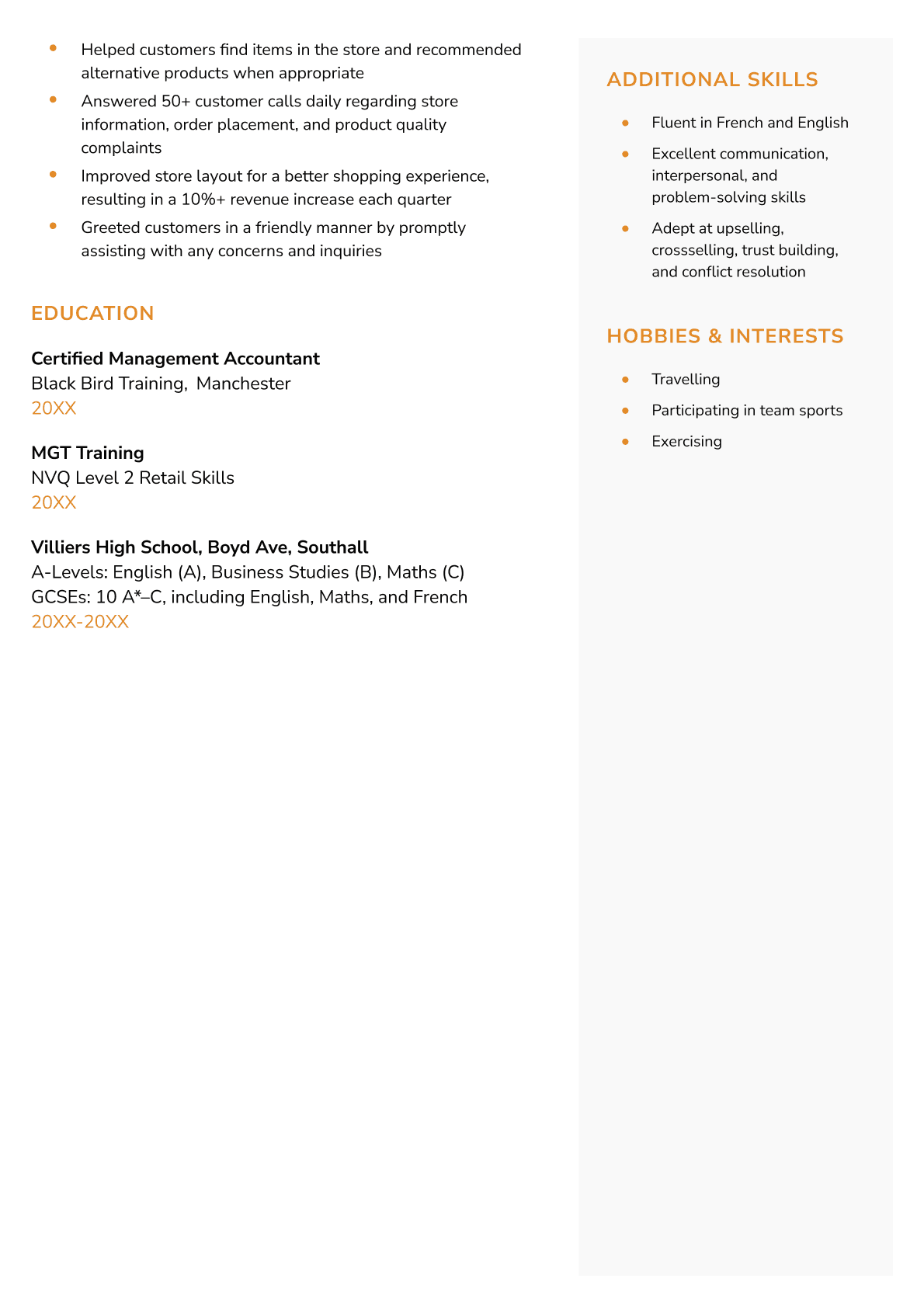 Page two of the orange Exeter CV template provides more space for work experience and skills, while allowing copious space for the candidate to specify their degree title, secondary school qualifications — such as A-Levels, Advanced Highers, GCSEs, N5s etc. — and their hobbies and interests.