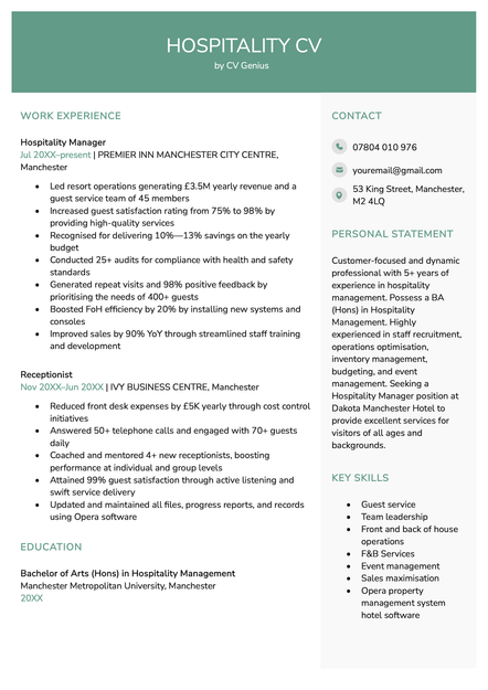 A hospitality CV example using the Exeter template.
