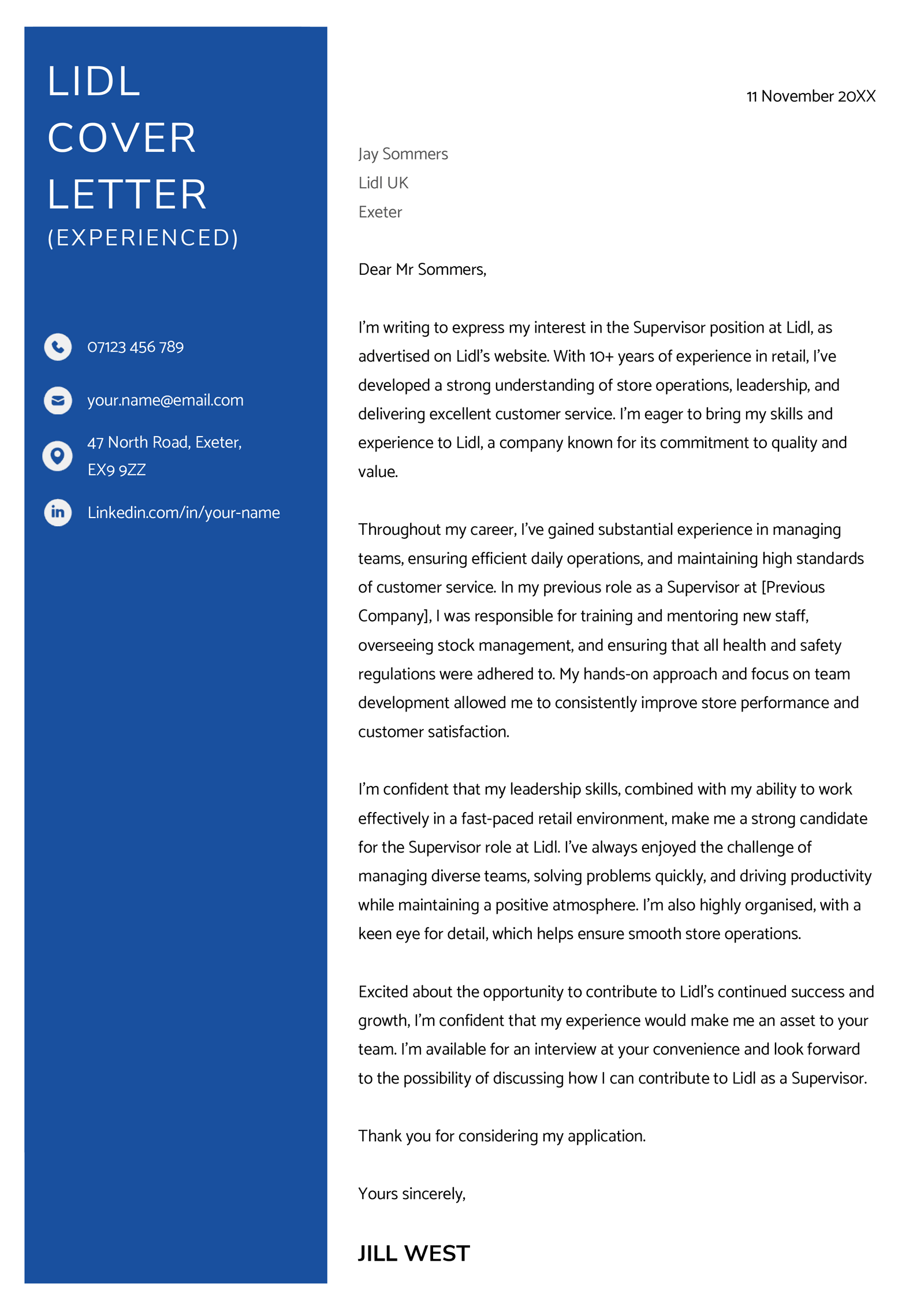 An experienced Lidl cover letter sample.