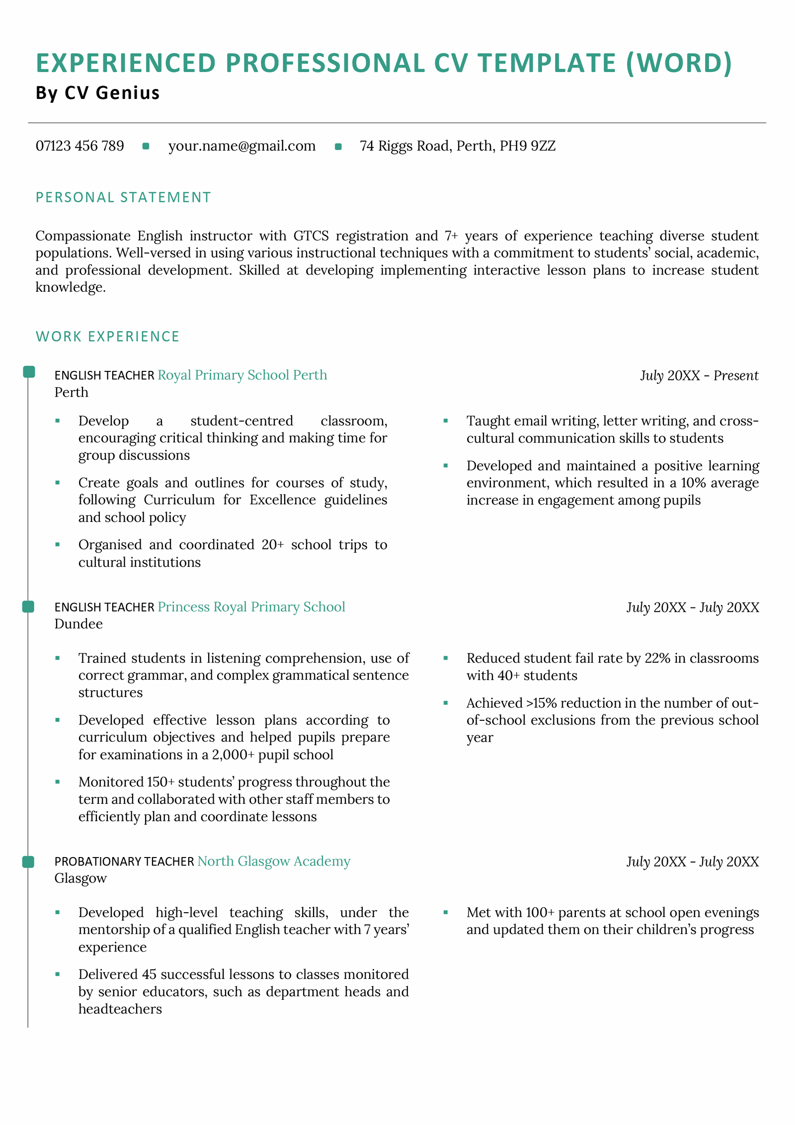 Word CV template for experienced professionals in teal, with a large work experience section highlighting a candidate's career progression. 