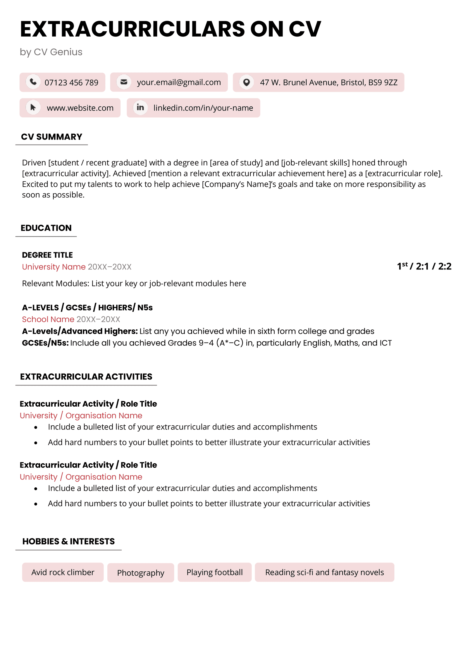 Extracurricular activities in a CV template that features subtle grey highlights under headers and a cluster of triangles in various shades of gray in the bottom-right corner.